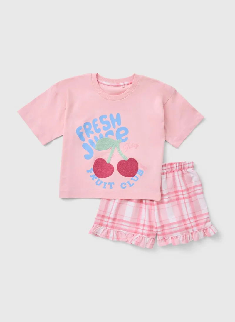 ماتلان Girls Pink Cherry Check Top & Shorts Set